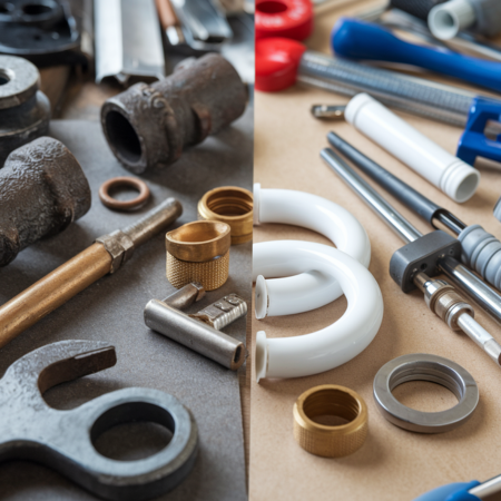 section of old-style cast iron piping with traditional tools.